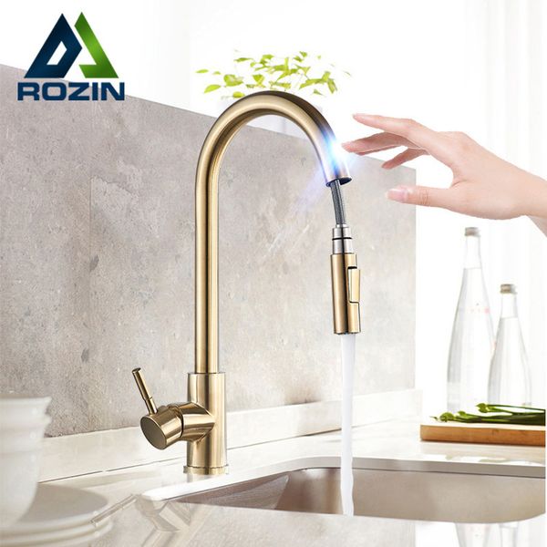 Rozin Smart Touch Küchenarmatur, gebürstetes Gold, Poll-Out-Sensor-Wasserhähne, Schwarz/Nickel, 360-Grad-Drehkran, 2 Auslass-Wassermischbatterien, T200710