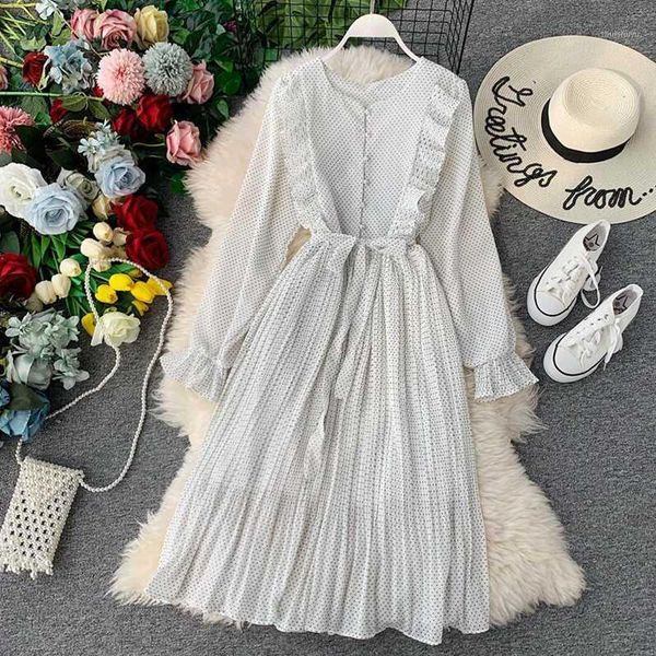 

2020 spring summe women dress casual long sleeve polka dot print a-line party dresses eleagnt ruffles slim pleated dress1, Black;gray