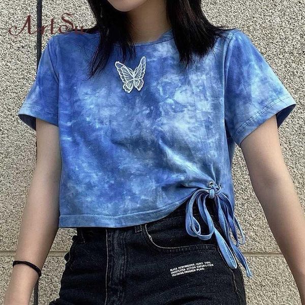 

blue tie dye butterfly print crop cropped shirt short sleeve summer lace-up streetwear tee harajuku kg-241, White