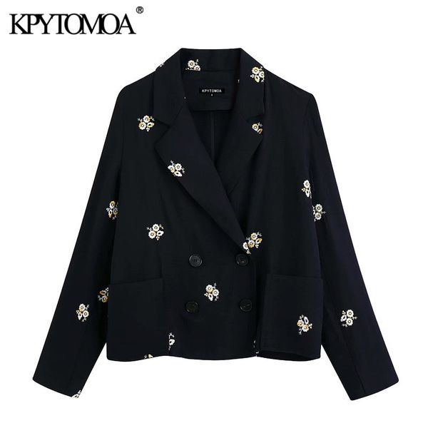 

kpytomoa women 2020 fashion double breasted floral embroidery blazer coat vintage long sleeve pockets female outerwear chic c1008, White;black
