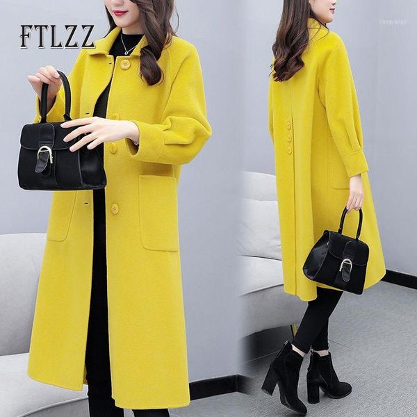 

women wool coat new 2019 autumn winter slim korean style turn down collar medium long woolen coats ladies yellow outerwear1, Black