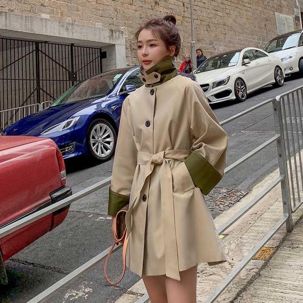 

2020 women windbreker loose casual single breasted neckline design mid-long khaki trench coat female korean sashe overcoat cloak1, Tan;black