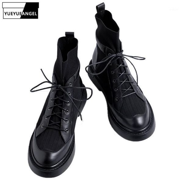 

autumn winter new genuine leather patchwork stretch socks boots streetwear round toe lace up casual high motorcycle boots1, Black