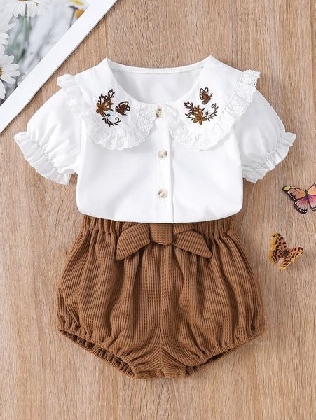 

baby floral embroidery statement collar puff sleeve & waffle knit shorts she, White