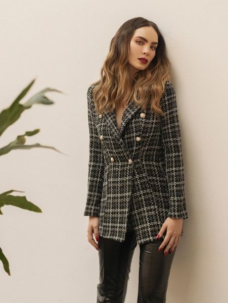 

x belinda double breasted plaid tweed overcoat i0vg#, Black