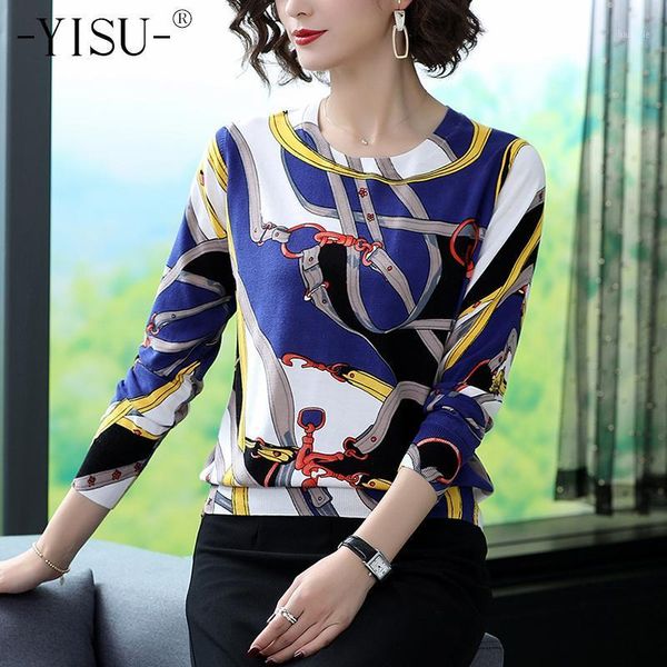 

yisu sweater women 2020 autumn new pullovers o neck knitted jumper fashion chain printed pullover female quality sweaters1, White;black