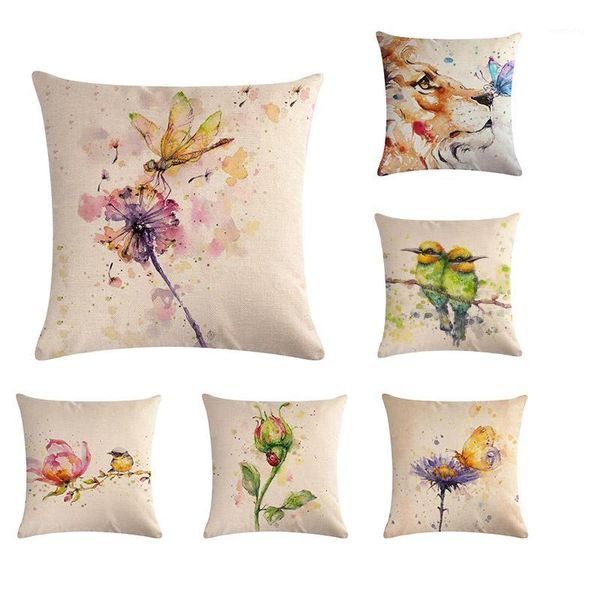 

animals plant watercolor art painting fine flamgoing lion kingfisher birds flower cushion cover sofa throw pillow case cojines1