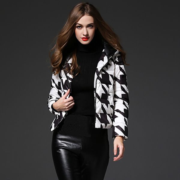 

womens white duck down jacket winter female coats clothing zipper hooded houndstooth office lady ladies outerwear clothes y204, Black
