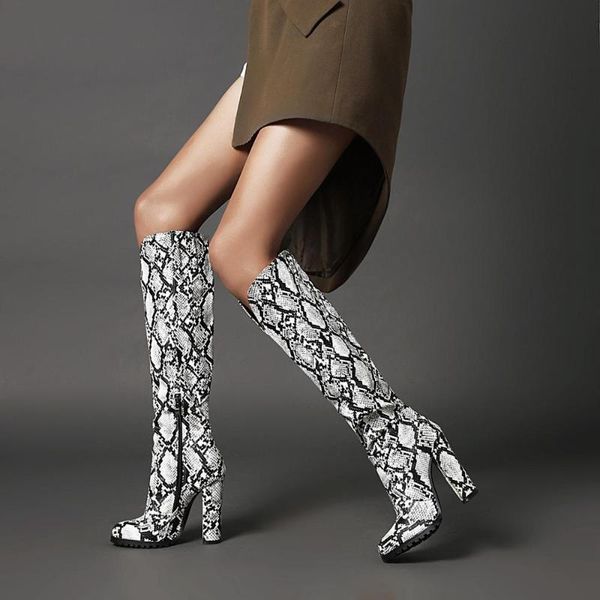 

snakeskin boots women knee high boots thick high heels pointed toe shoes female shoes ladies warm winter, Black