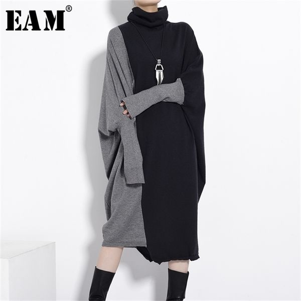 

[eam] women black gray knitting big size long dress new turtleneck long sleeve loose fit fashion tide autumn winter 1d67501 201006