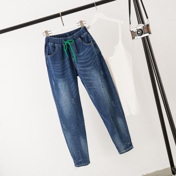 

fall 2019 big size female wear fat sister loose leisure tight jeans1, Blue