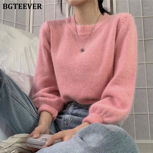 

bgteever candy color sweet basic o-neck female pullover sweaters 2019 winter lantern sleeve slim women knitted jumpers 1, White;black