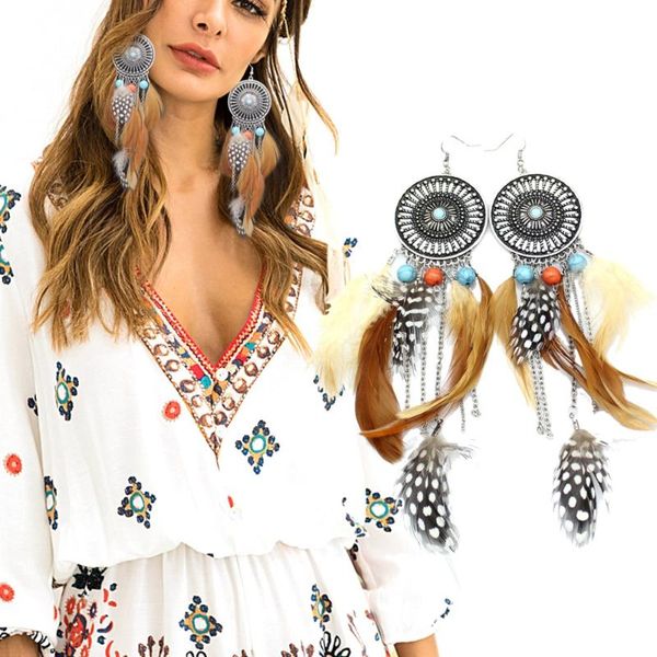 

dangle & chandelier vintage dream catcher feather coral turkey blue stone bead big long chain drop earrings for women jewelry, Silver