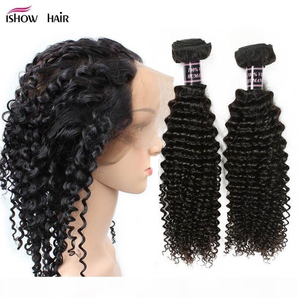 

kinky curly virgin hair 360 lace closure with 2bundles 8a peruvian brazilian hair malaysian indian virgin human hair wholesale, Black