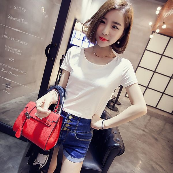 

summer short korean version of simple high waisted women's solid coat t-shirt short sleeve navel t-shirt slim fashion half sleeve fn, White