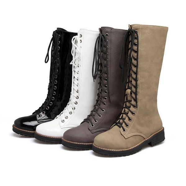 

women knee high boots low heels shoes woman booties gladiator pu leather matin shoe chaussures femme zapatos mujer sapato nh337, Black