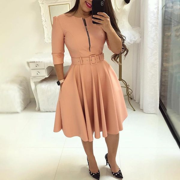 

women 2020 trendy fashion elegant a-line tunic party midi dresses ladies workwear solid zipper up belted pleated casual dress1, Black;gray