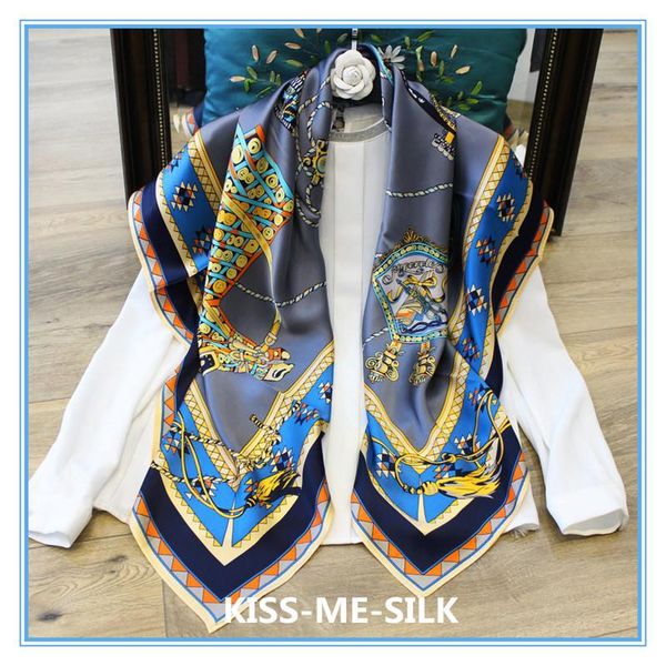 

scarves kms silk square scarf flower double head carriage shawl for girl lady woman women 105*105cm/80g, Blue;gray