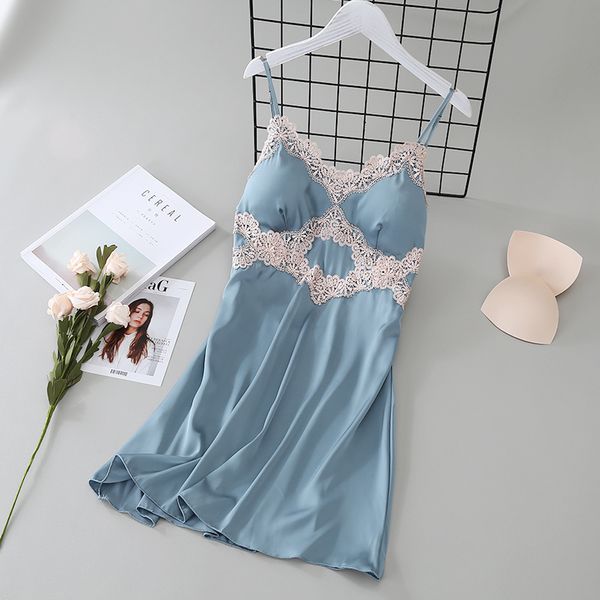 

Sexy Sleeveless Nightgown Satin Women Loose V-neck Sleep Dress Nighty Lace Trim Lounge Sleepwear Nightdress Backless Nightie, Lake blue nighty