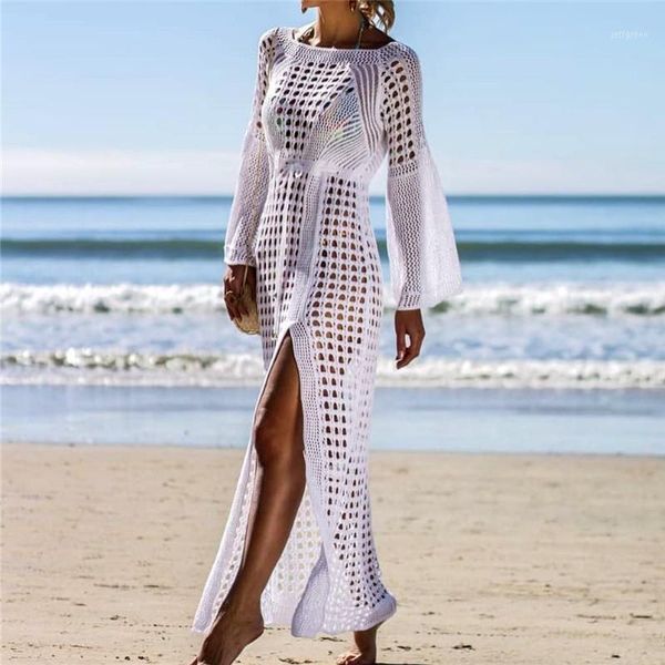 Sarongs 2021 Häkeln Sie weißes gestricktes Strand-Cover-Up-Kleid Tunika Lange Bikinis Ups Schwimmen Beachwear1