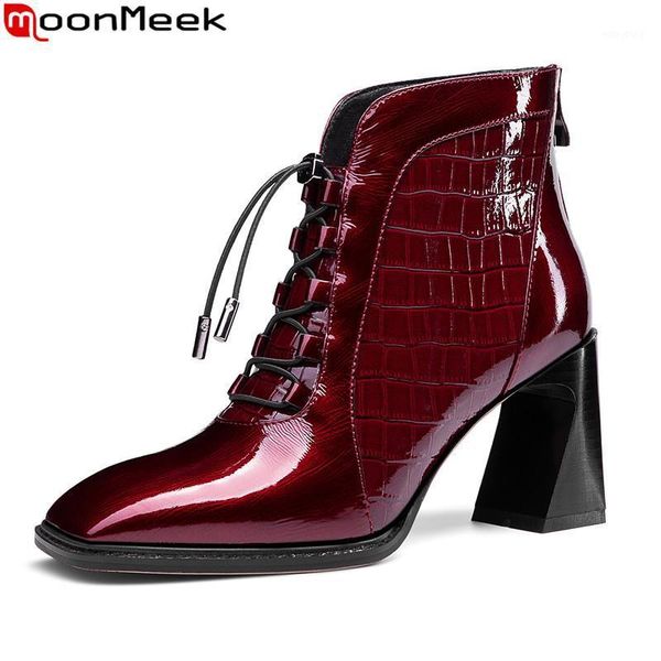 

moonmeek 2020 ankle boots genuine leather boots thick high heels square toe ladies shoes black wine red1