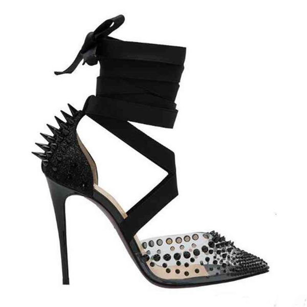

red bottom elegant high heels women pointed toe pvc rivets reine ankle wrap around ribbons pump studded covered heel wedding party shoes, Black