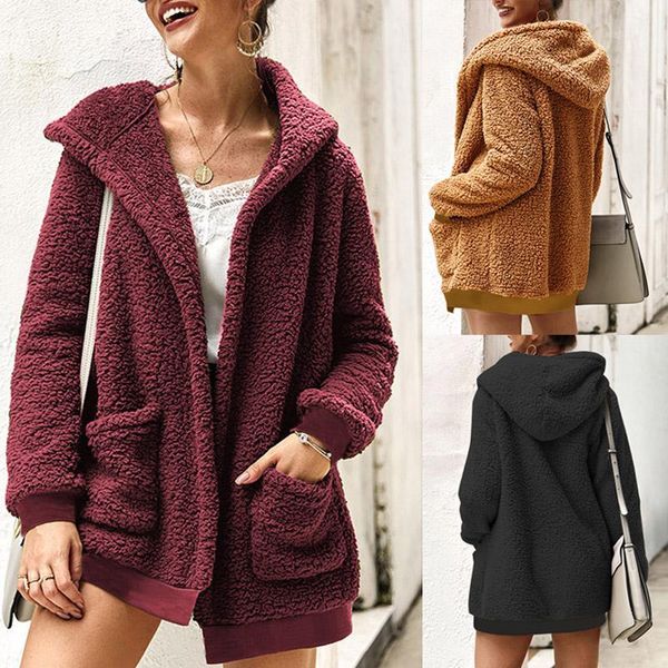 

2019 fashion fleece jackets outwear women winter long sleeve pockets coats trenchcoat casual loose overcoats solid sweatshirt1, Black;brown