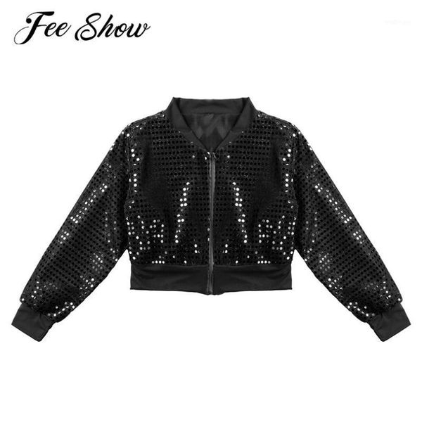

womens fashion shiny sequins v-neck long sleeves crop coat dancewear for hip-hop jazz street dancing costume clothes1, Black;brown
