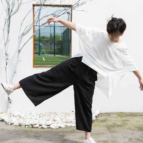 

korean version of the trend of nine points pants tide men's pants linen cloth wide-leg cotton linen skirt loose chin, Black