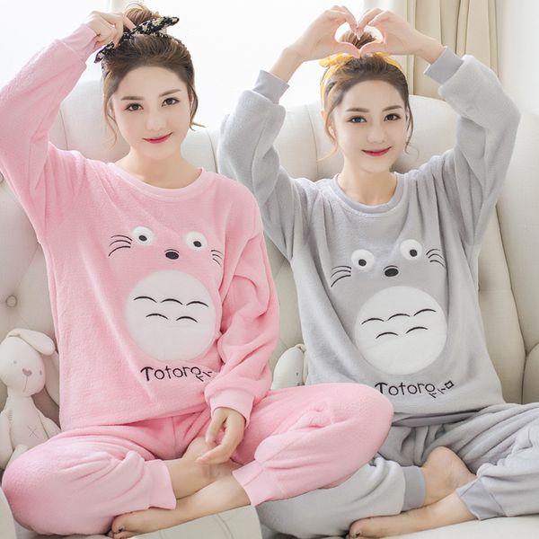 

thick warm flannel pajamas sets for women winter long sleeve coral velvet pyjama girls cute cartoon totoro homewear pijama mujer 201113, Black;red