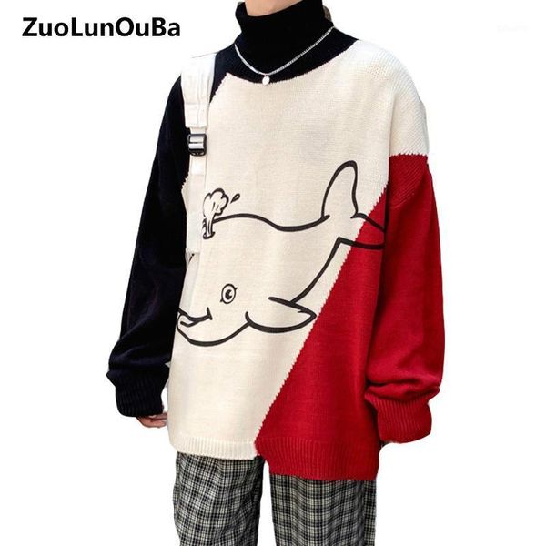 

zuolunouba winter sweater men trend loose personality sweater high neck couple casual all-match cartoon boys pullover1, White;black