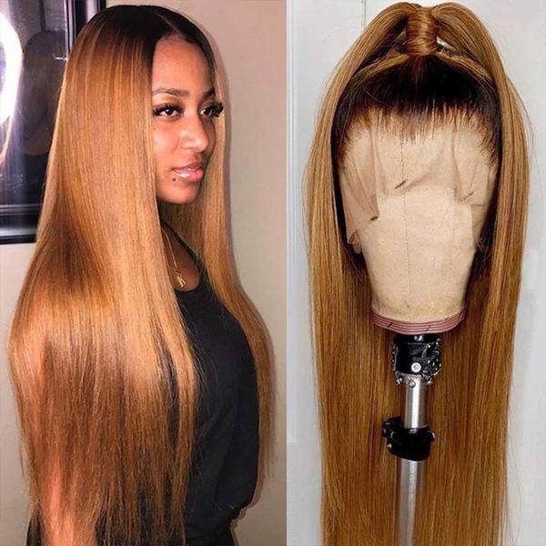 

long straight lace front wigs with high ponytail 360 lace frontal ombre brown blonde human hair t part laces wig for women, Black