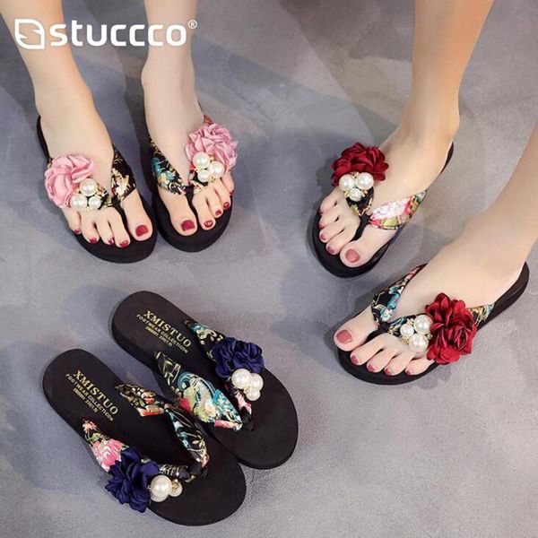 

slippers summer beach flip flops women's sandals handmade flowers casual clip flat outside wearing shoes c587, Black