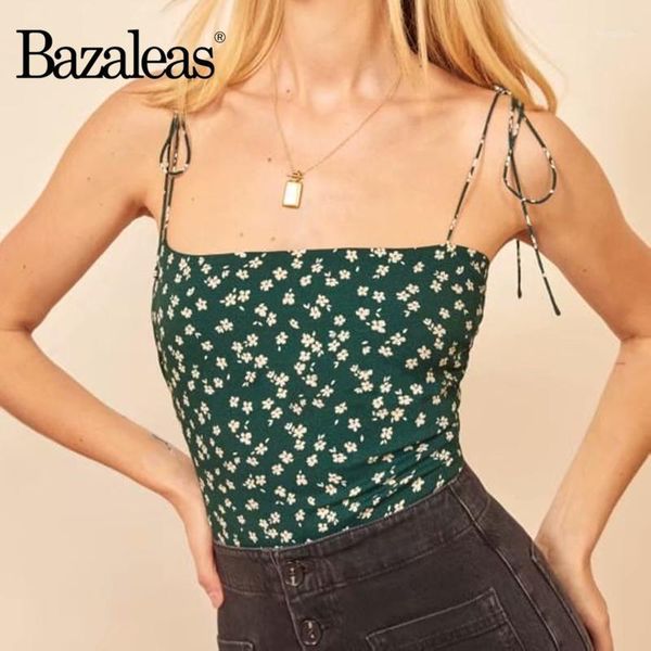 

bazaleas chic green floral print women cropped camis slim adjust spaghetti strap crop fashion women tank, White