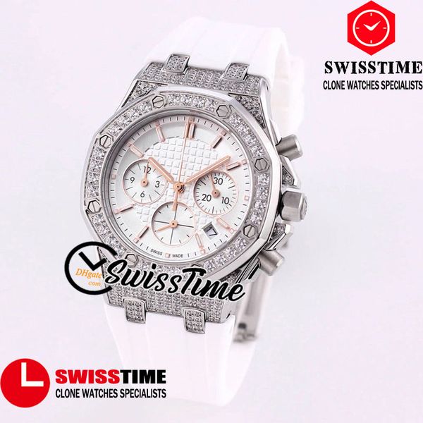 

sale new 37mm 26231 quartz chronograph womens watch white texture dial satch steel diamond bezel white rubber watches swisstime, Slivery;brown