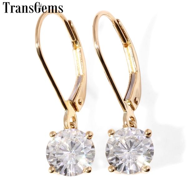 

transgems 14k 585 yellow gold center 2ctw 6.5mm f color moissanite drop earrings for women wedding gifts fine jewelry y200620, Golden