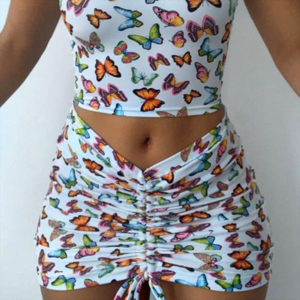 

2020 new tube mini wrinkled skirt two piece set butterfly printed 2 piece set summer fitness street female fashion clothes, Gray