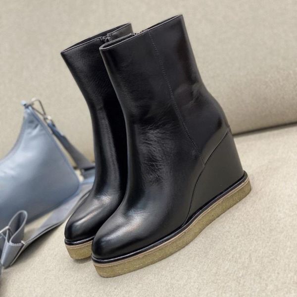 

women boots pointed toe women shoes wedges shoes woman ankle boots for woman classic genuine leather 2020 zip high heels, Black