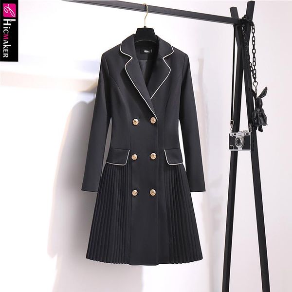 

women double breasted notched lapel collar pleated dress, Black;gray