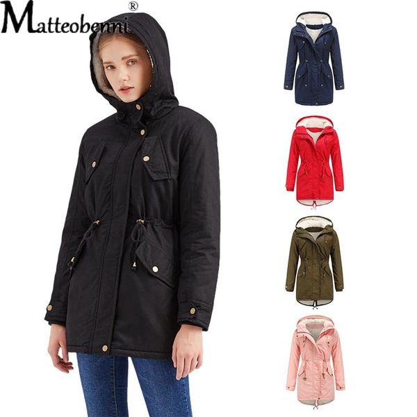 

2020 women's fashion parkas clothing solid hooded female warm coat drawstring waist thick plus velvet cotton winter long jacket, Black