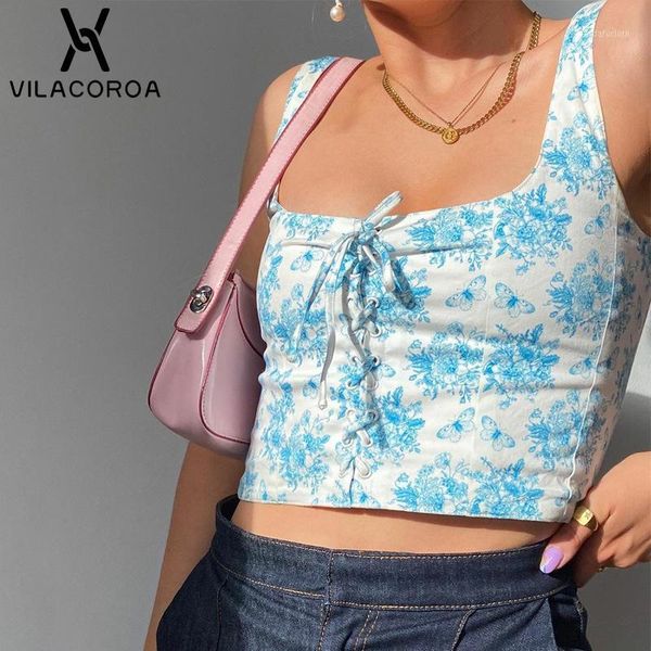 

floral print short women tank front cross drawstring square neck bandage crop camisole casual streetwear clothing1, White