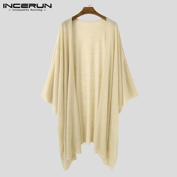 

leisure flare sleeve long style cloak incerun mens vintage trench loose solid open stitch men coats cardigan outerwear plus size, Tan;black