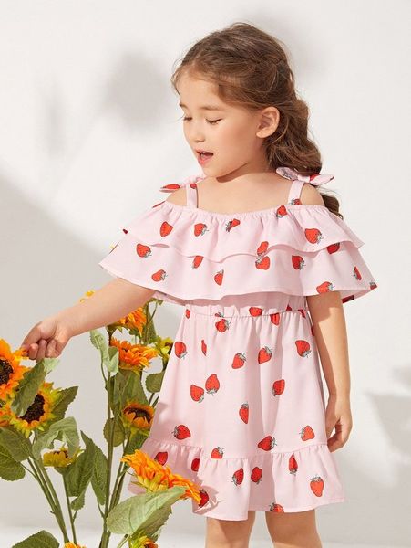 

toddler girls strawberry print cold shoulder ruffle trim dress she, Red;yellow