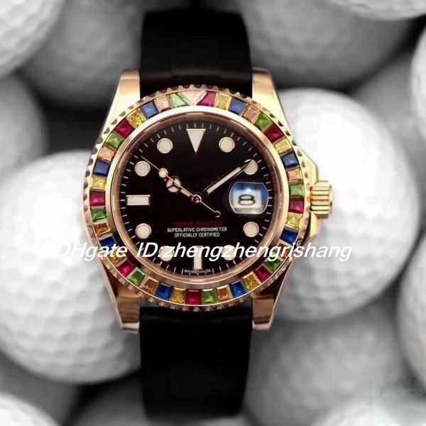 

new 40mm ym 116695sats automatic mens watch black dial rose gold case candy color diamond bezel black rubber strap watches, Slivery;brown