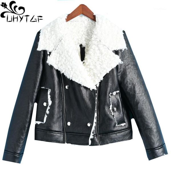 

uhytgf imitation sheep shear winter leather jacket women's lapel warm casual women leather jacket chaquetas de cuero mujer 3151, Black