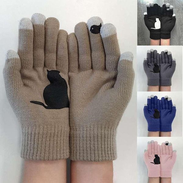 

women lady winter warm animal cat printed knitted gloves thermal gloves mittens full1, Blue;gray
