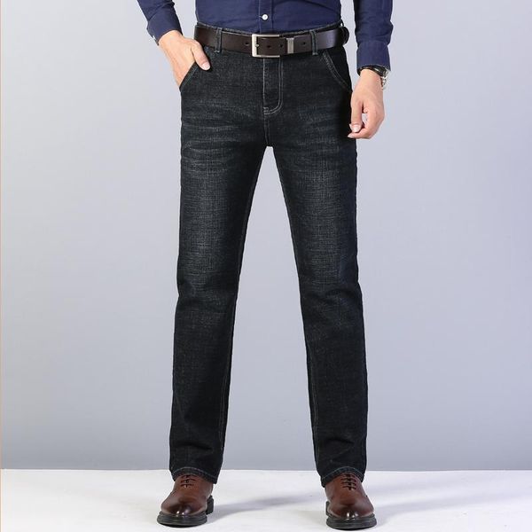 

men's jeans winter 2021 warm comfortable slim fit business fashion thicken denim trousers black blue