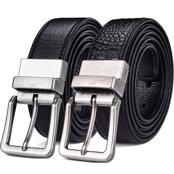 

men's classic reversible leather belt crocodile mens jeans with double sided strap and antique buckle 2 in 1 big & tall sizes 201106, Black;brown