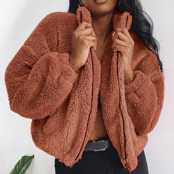 

2020 zipper lapel sweatshirt fleece fur coat women autumn winter warm soft jacket thick plush overcoat short outerwear1, Black