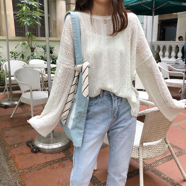 

lazy style round neck coat sun-proof coat korean style loose solid color hollow-out sweater women's spring long sleeve thin sweater fas, White;black